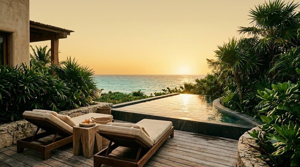 Luxury villa at sunset overlooking the Caribbean